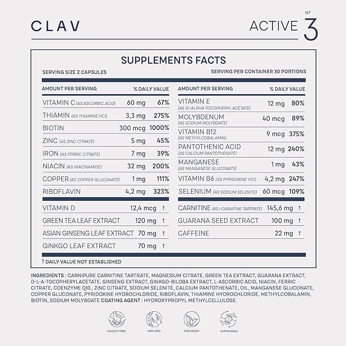 CLAV® N°3 Vitality Support - Vegan Multivitamin - Energy & Focus Supplement - Vitamin B Complex - Guarana, Ginseng, Ginkgo Extract - 60 Capsules - 1 Month