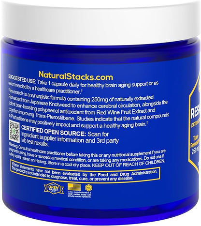 NATURAL STACKS Resveratrol Antioxidant Supplement - Trans-Pterostilbene 10 mg | Extra Strength Aging Support with Red Wine Extract 200 mg & Trans-Resveratrol 250 mg - 60 Resveratrol Capsules*