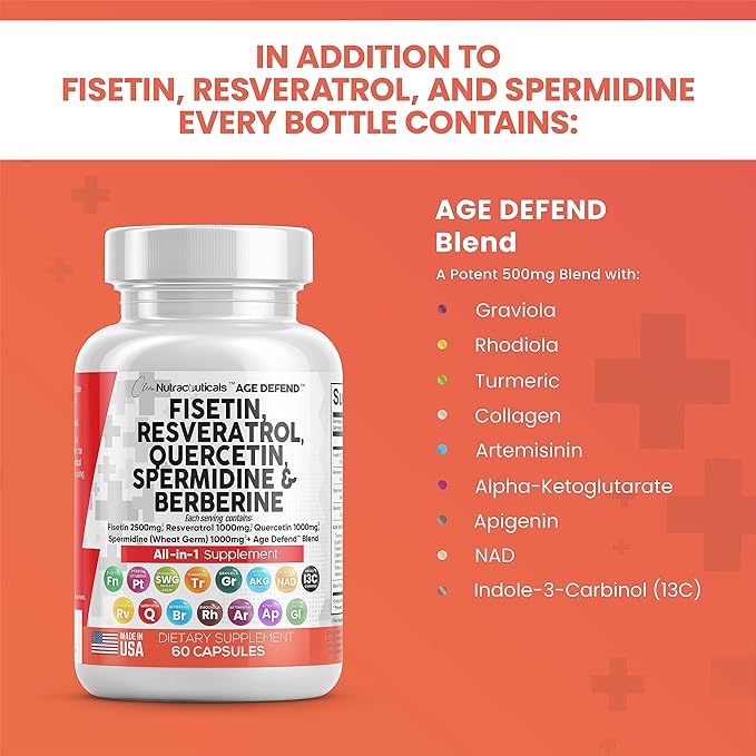 Clean Nutraceuticals Fisetin 2500mg Quercetin 1000mg Resveratrol 1000mg with Spermidine Wheat Germ Extract 1000mg - Health Supplement for Adults Longevity with Berberine, Collagen, Rhodiola, Apigenin