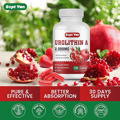 Urolithin A Supplement 2000MG - for Energy, Mitochondria, Antioxidants, Premium Quality Cellular, Healthy Aging, 30% Pomegranate Extract, NAD, Trans-Resveratrol, CoQ10-120 Capsules, Vegan