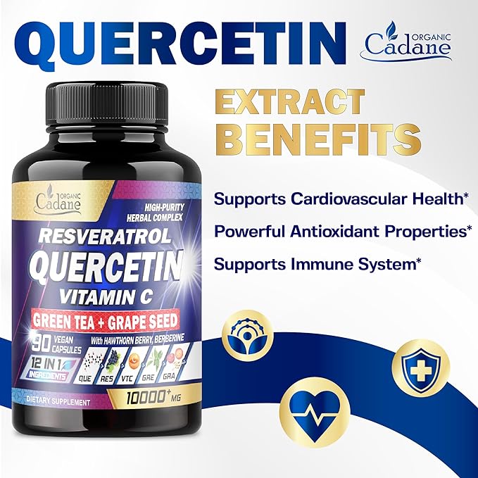 Organic Cadane Quercetin Supplements 10000mg - Body Mangement, Immune System & Joint Support - 12in1 Blended with Resveratrol, Vitamin C, Green Tea, Turmeric & More - 90 Superfood Capsules