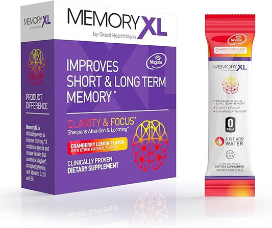 MemoryXL, Magnesium L-Threonate: Brain Supplement for Memory & Focus; Magtein®, Phosphatidylserine, Vitamin Mix. Improves Memory Focus Attention Learning & Logic. 0 Sugar, 0 cal, 30pk Cranberry Lemon