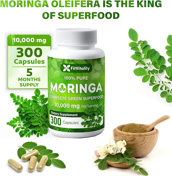 Moringa Capsules| 300 Capsules| Moringa Oleifera| 10,000mg| 100% Pure & Natural| Non-GMO and Gluten Free Supplement | Complete Green Superfood | Moringa Leaf Extract Powder