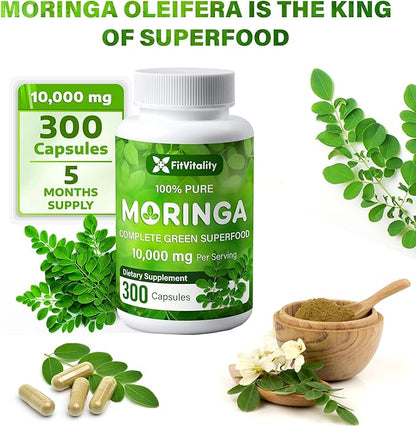 Moringa Capsules| 300 Capsules| Moringa Oleifera| 10,000mg| 100% Pure & Natural| Non-GMO and Gluten Free Supplement | Complete Green Superfood | Moringa Leaf Extract Powder