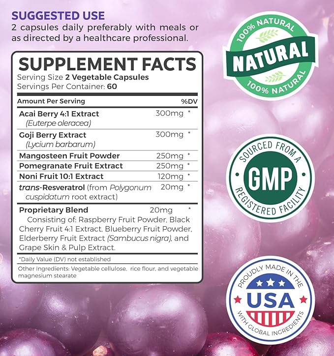 Super Antioxidants Supplement - Powerful Super Food Antioxidant Daily Blend - Acai Berry, Goji, Pomegranate & Trans Resveratrol - Herbal and Fruit Formula For Women and Men - Skin Care - 120 Capsules