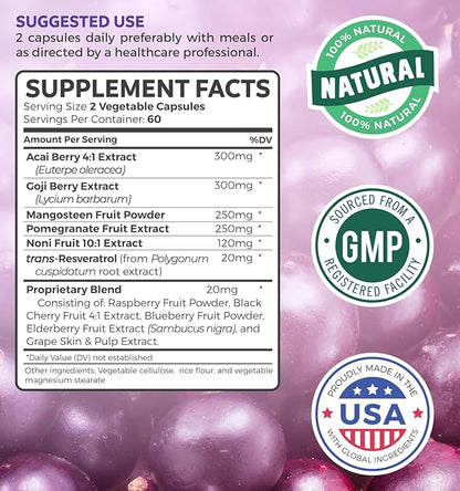 Super Antioxidants Supplement - Powerful Super Food Antioxidant Daily Blend - Acai Berry, Goji, Pomegranate & Trans Resveratrol - Herbal and Fruit Formula For Women and Men - Skin Care - 120 Capsules