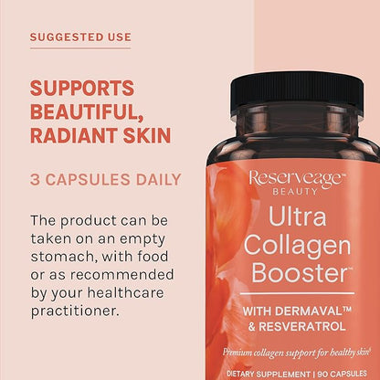 Reserveage Resveratrol & Ultra Collagen Booster - Resveratrol & Collagen Capsules for Cell & Skin Support - Features Dermaval - 60 Resveratrol Capsules, 90 Ultra Collagen Booster Capsules