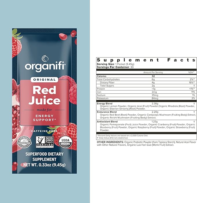 Organifi Red Juice - Vegan Energy Powder - Berry-Flavored Adaptogen Drink - Caffeine Free, 14 Go Packets