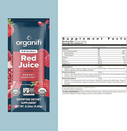 Organifi Red Juice - Vegan Energy Powder - Berry-Flavored Adaptogen Drink - Caffeine Free, 14 Go Packets