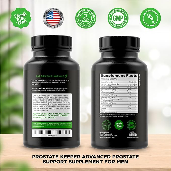 Prostate Support Supplement for Men with Saw Palmetto, Pygeum Bark, Pumpkin Seed and Zinc, Urinary Tract Health and Hair Growth, DHT Blocker and Bladder Control, 120 Capsules