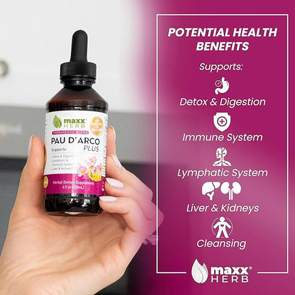 Maxx Herb PAU D’Arco Extract with Dandelion Root & Red Clover Therapeutic Blend, PAU Darco Tincture Absorbs Better Than Taheebo Tea or Capsules, for Immune Support - 4 Oz Bottle (60 Servings)