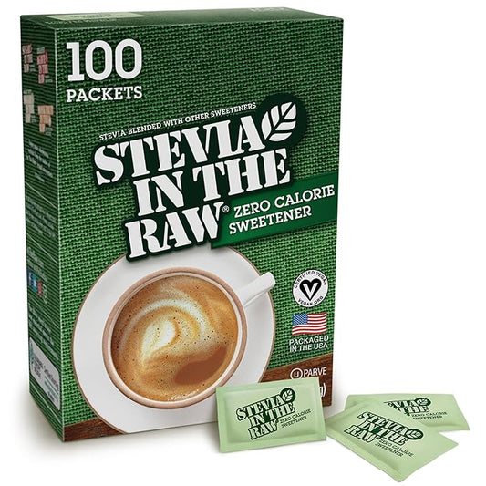 Stevia In The Raw, Plant Based Zero Calorie, No Erythritol, Sugar Substitute, Sugar-Free Sweetener for Coffee, Hot & Cold Drinks, Suitable For Diabetics, Vegan, Gluten-Free, 100Count Packets (1 Pack)