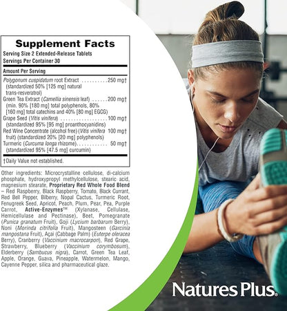 Natures Plus Herbal Actives Resveratrol, Extended Release - 125 mg, 120 Vegetarian Tablets - Gluten-Free - 60 Servings