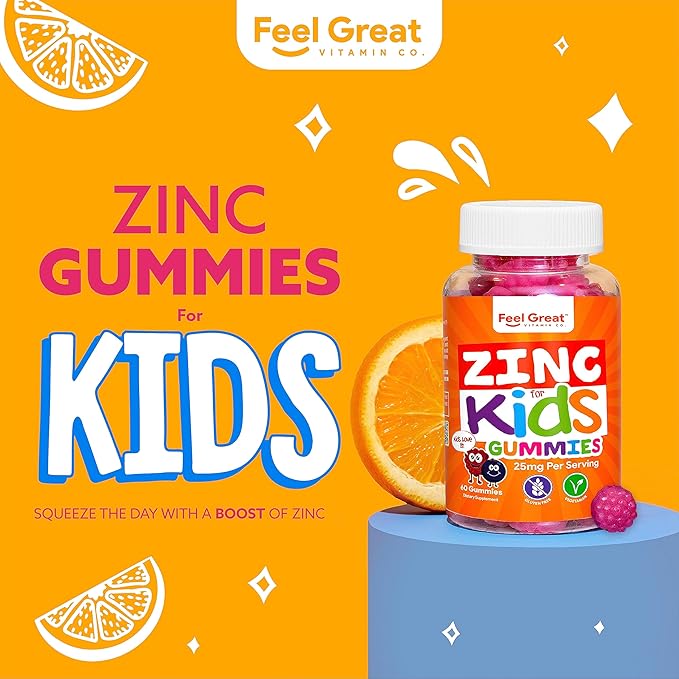 Feel Great Zinc Gummies for Kids | Bolster Your Child's Immune System with Yummy Kids Vitamins | Great Tasting Natural Flavor Gummy Supplement Vitamins | 60 Gummies