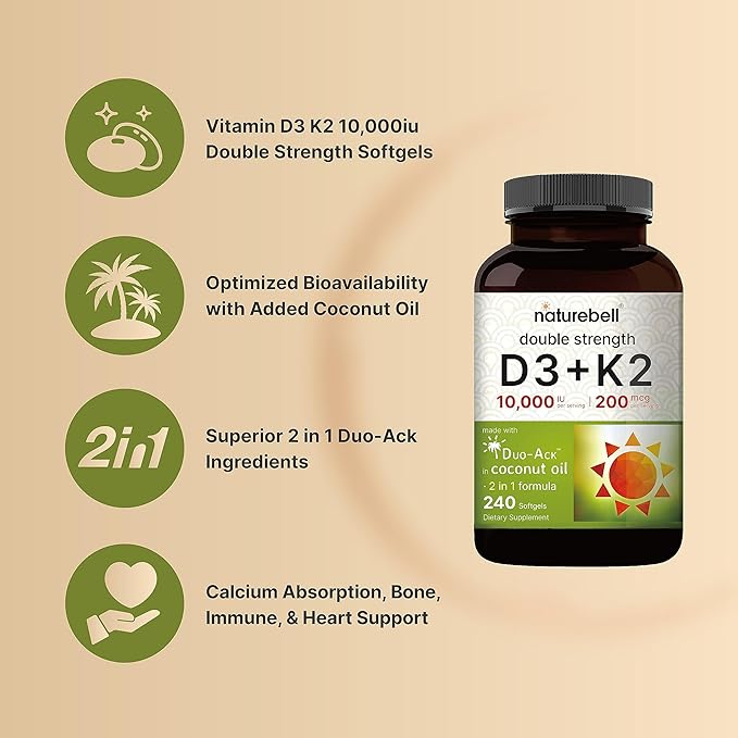 NatureBell Vitamin D3 K2 (10,000 IU Vitamin D + 200mcg Vitamin K MK-7) 240 Softgels with Coconut Oil for Complete Absorption | Bone, Heart, Immune, & Calcium Support | One a Day, Non-GMO