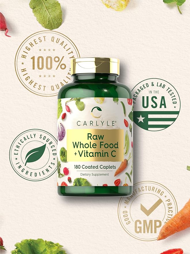 Carlyle Raw Whole Foods VIT C | 180 Coated Caplets | Dietary Supplement | Vegan, Non-GMO & Gluten Free