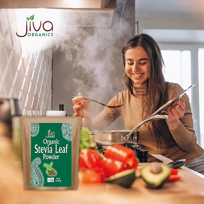 Jiva Organics Natural Unprocessed Stevia Leaf Powder 1 Pound Bulk Kraft Bag - Product of India - Green Color, Original Stevia Leaf Ground with no additives