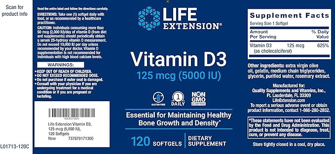 Life Extension Vitamin D3 5000 IU, 120 Softgels, 125mcg