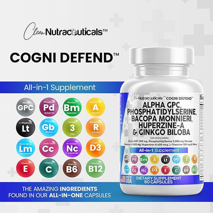 Clean Nutraceuticals Alpha GPC Choline 300mg Phosphatidylserine 3000mg Bacopa Monnieri 6000mg Ginkgo Biloba 2000mg Huperzine A 400mcg Supplement with Urdine Lions Mane Cats Claw NAC Vitamin C B D E