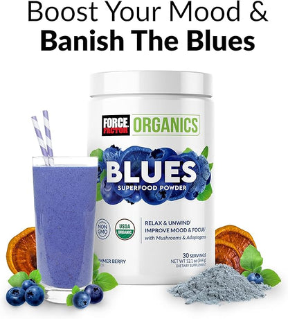 Force Factor Organics Blues Superfood Powder for Stress Relief and Mood Support with Ashwagandha, Blue Spirulina Powder, Cordyceps, and Lion’s Mane, Vegan and Non-GMO, Summer Berry, 30 Servings