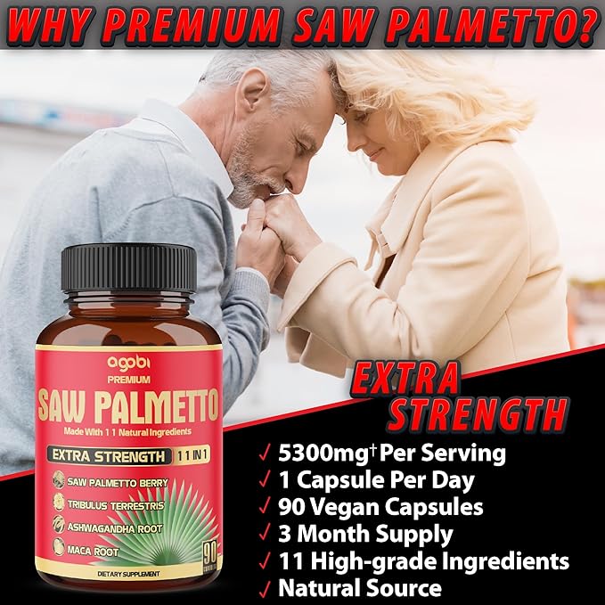 Premium Saw Palmetto Capsules - Combined with Ashwagandha, Turmeric, Tribulus, Maca, Green Tea, Ginger, Holy Basil & More - Natural Prostate Support - 90 Capsules 3-Month Supply