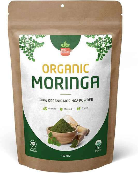 Green Moringa Superfood Powder 4 oz. - 100% Pure Moringa Oleifera Leaf Powder for Tea and Hair, Nutrient-Rich Energy Booster - Certified USDA Organic, Non-GMO, and Raw from India