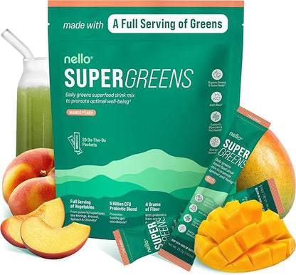 Nello Supergreens Premium Superfood Greens Drink Mix w/Chlorella, Moringa, Spinach & Broccoli + Digestive Enzymes & Probiotic Blend -Nutrient-Packed Powder Wellness (Mango Peach, 20 SRV, Travel Pack)