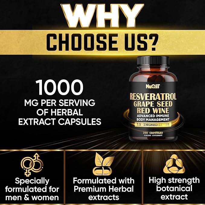 Extract 30:1 Trans Resveratrol Supplement 1000mg with Red Wine Extract, Immune & Body Management Complex - Echinacea, Garlic Bulb, Berberine HCI, Milk Thistle & More - 200 Capsules for 100 Servings