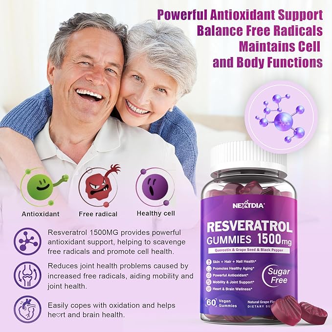 Resveratrol Gummies 1500mg - Resveratrol Supplement with Quercetin, Grape Seed, Red Wine, Black Pepper Extracts Support Antioxidant, Healthy Aging & Brain Wellness - Vegan, Natural Grape Flavor, 60Ct