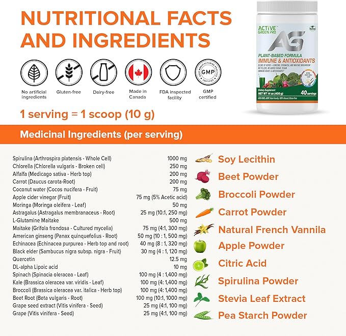 Immune & Antioxidants Powder, Blend of Herbs, Ginseng, Echinacea, and Maitake Mushroom, Plant-Based Formula, No Fillers, No Sugar Added - 40 Servings