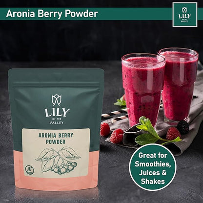 Lily of the Valley Aronia Berry Powder - Ideal for Smoothies & Shakes - Superfood Berry - High in Flavonoids - Water Soluble - Vegan & Gluten-Free - Packed in Resealable Pouch (4oz, 113g)