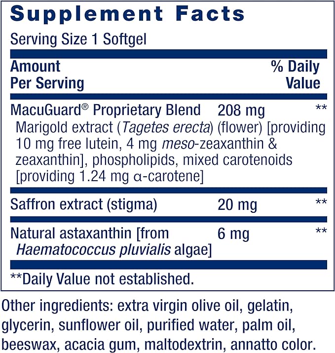 Life Extension Macuguard Ocular Support with Saffron & Astaxanthin - with Lutein, Meso-Zeaxanthin - Eye Health Supplement â€“ Once-Daily, Non-GMO, Gluten-Free - 60 Count (Pack of 1)