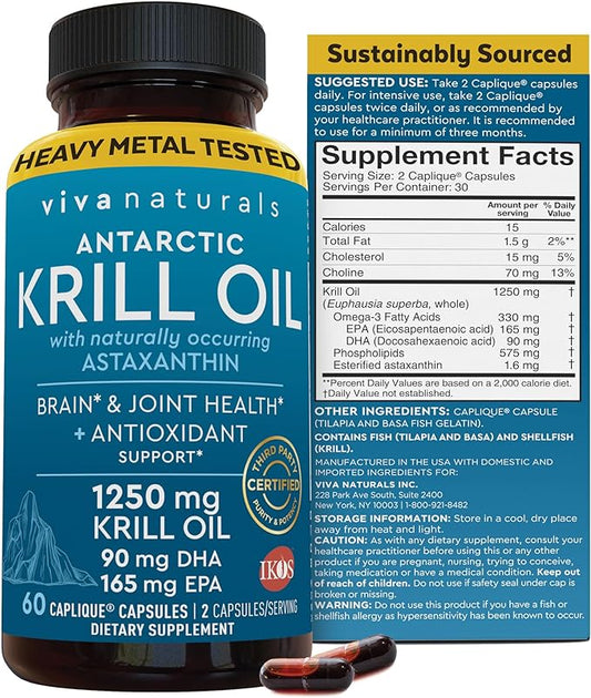 Viva Naturals Antarctic Krill Oil Omega 3 Fatty Acid Supplements 1250 mg, High EPA DHA & Astaxanthin Concentration for Brain, Joint Health & Antioxidant Support, No Fish Burps, 60 Count