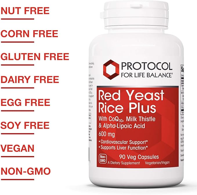 Protocol Red Yeast Rice Plus 600mg - ALA, CoQ10, Milk Thistle - Heart, Liver - 90 Veg Caps