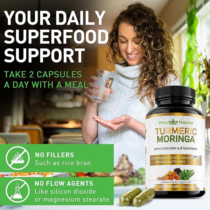 Turmeric Moringa - Organic Turmeric Curcumin Supplements and Organic Moringa Powder - 120 Veggie Capsules Supplement for Women and Men