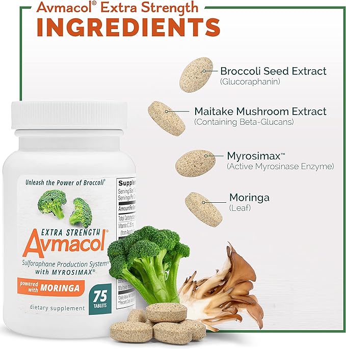 Avmacol Extra Strength #1 Researched Sulforaphane-Producing Brand for Detoxification, Antioxidant Support, Immune Health, Adults & Children, Nutramax Laboratories Consumer Care, Moringa, 75 Tablets