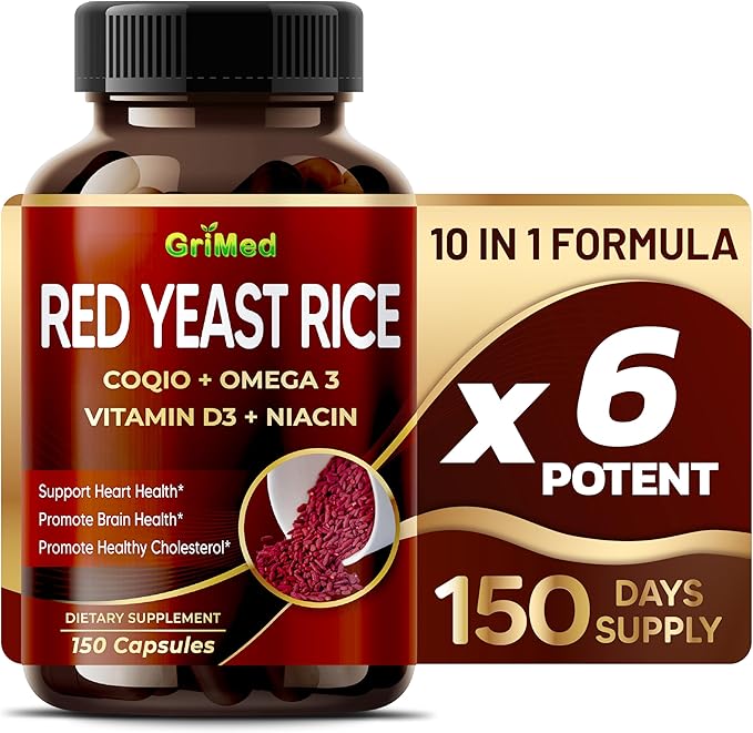 Organic Red Yeast Rice 6,560mg with CoQ10, Omega 3, Vitamin D3, Niacin - Non-GMO, Made with US (90 Count (Pack of 1))