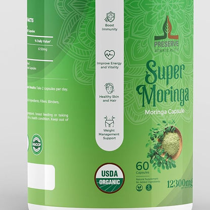 PRESERVE Moringa Oleifera Capsules 12300mg 100% Pure USDA Organic Moringa Leaf Powder Supplement Nutrient-Rich Vegetarian Green Superfood. Non GMO, USDA Approved, 60 Capsules.