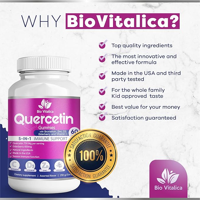 BIO VITALICA (6 Pack) Quercetin Gummies by BioVitalica - Quercetin with Bromelain Vitamin C and Zinc & Elderberry + Vitamin D3-5 in 1 Immune Support - Zinc Quercetin 750 mg for Kids and Adults