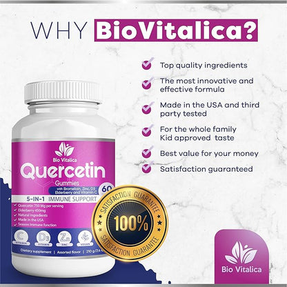 BIO VITALICA (6 Pack) Quercetin Gummies by BioVitalica - Quercetin with Bromelain Vitamin C and Zinc & Elderberry + Vitamin D3-5 in 1 Immune Support - Zinc Quercetin 750 mg for Kids and Adults