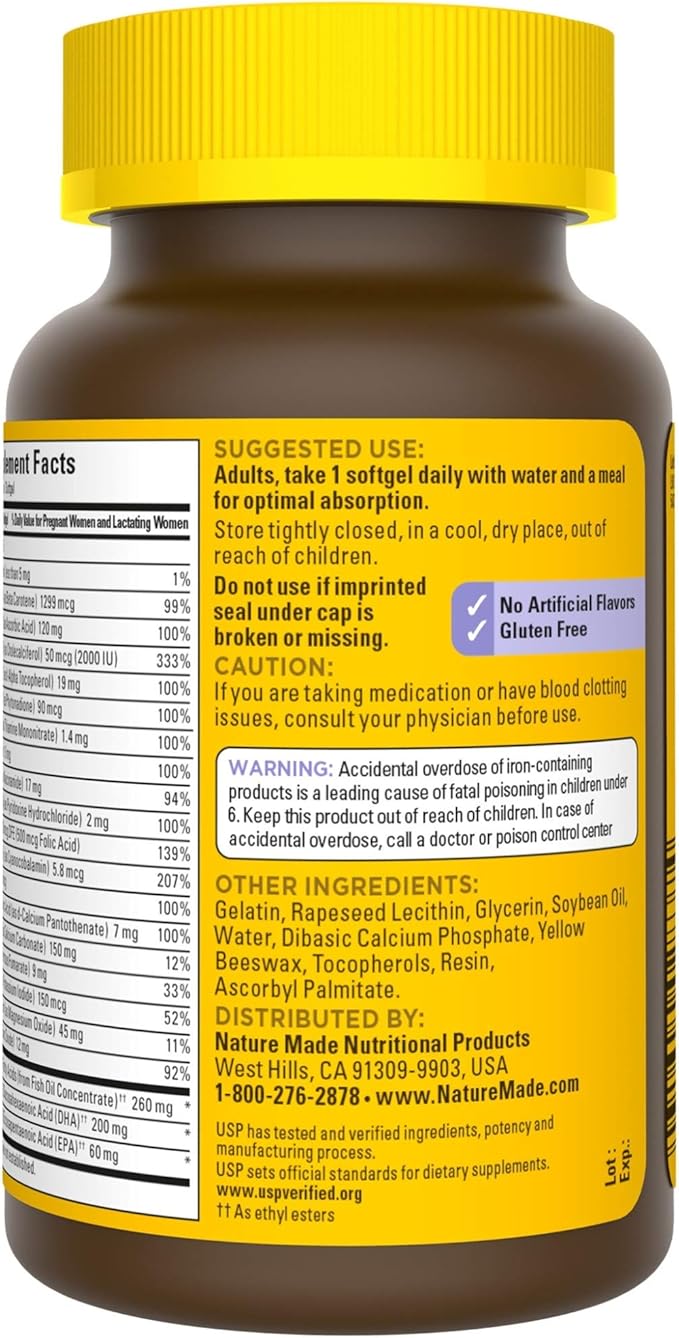 Nature Made Postnatal Multivitamin + DHA 200 mg, 60 Softgels, to Support Nursing Moms & Babies During Breastfeeding, Postnatal Vitamins & Nutrients Include Iron, Vitamin D3, Calcium, Iodine