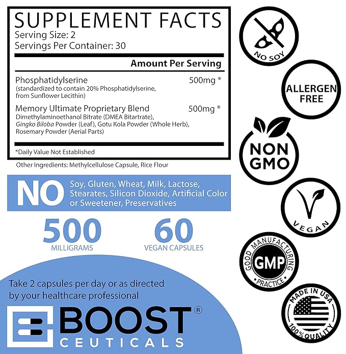 Phosphatidylserine 500mg Complex - Vegan Non GMO No Stearates Gluten Free with Gotu Kola Ginkgo Biloba DMAE & Rosemary - Pure from Sunflower Lecithin