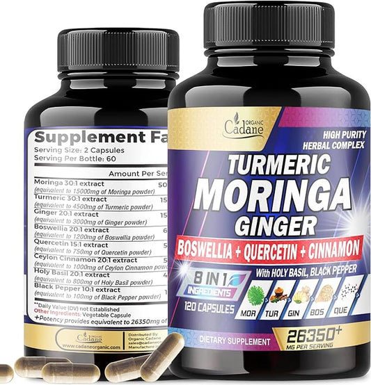 Moringa Leaf 15000mg Turmeric 4500mg Ginger 3000mg Supplement - 2-Month Supply - Joint, Heart, Brain & Immune Support - 8 Herbs with Ceylon, Black Pepper & More - 120 Vegan Capsules