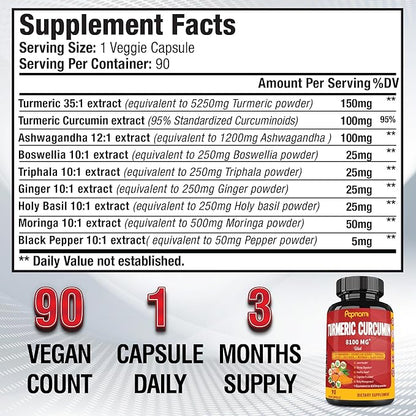 Turmeric Curcumin Extract Capsules - Equivalent to 8100mg - 90 Counts 3 Month Supply - Blended Ashwagandha, Moringa, Ginger & More - Immunity, Joint, Digestive & Wellness Support