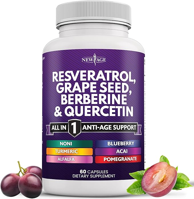 NEW AGE Resveratrol 6000mg Berberine 3000mg Grape Seed Extract 3000mg Quercetin 4000mg - Polyphenol Supplement for Women and Men with Noni Extract, N-Acetyl Cysteine, Acai Extract - 60 Capsules