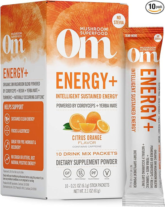 Om Mushroom Superfood Energy Plus Mushroom Powder Drink Mix, Citrus Orange, Single Serve, 10 Count, Mushroom Blend, Cordyceps, Yerba Mate, Tumeric, Vitamin B Complex, Pre-Workout, Immune Supplement