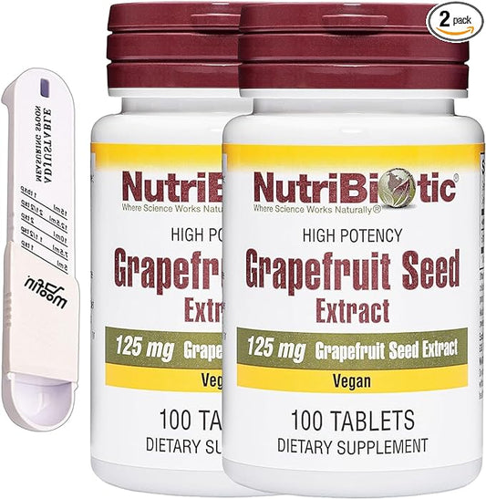 NutriBiotic Grapefruit Seed Extract 125mg, 100 Ct Immune Support Vegetarian Capsules with Non-GMO, Gluten Free, GSE Grapefruit Seed Extract Supplement, Bundle Measuring Spoon [Pack of 2]