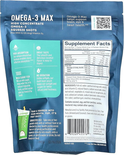 Coromega MAX High Concentrate Omega 3 Fish Oil, 2400mg Omega-3s with 3X Better Absorption Than Softgels, 90 Single Serve Packets, Coconut Bliss Flavor with Vitamin D