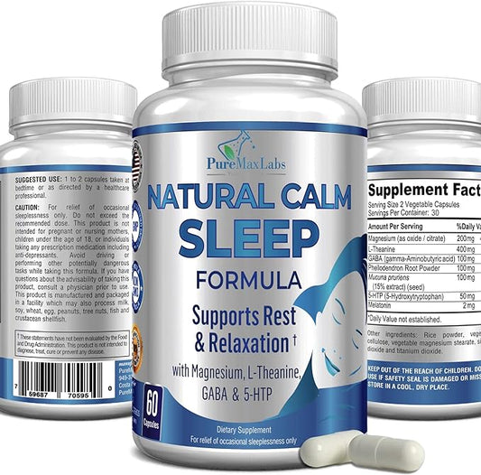 Natural Calm Sleep Aid with Magnesium, L-Theanine, Melatonin, GABA, 5-Htp | Sleep Aid | non-GMO - 60 Capsules