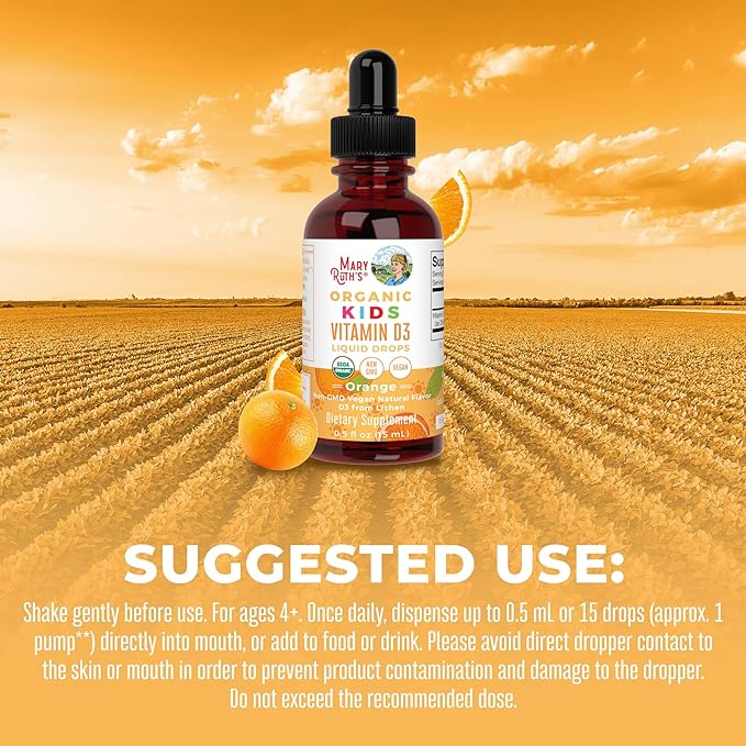 USDA Organic Vitamin D3 Liquid Drops for Kids by MaryRuth's | 640 IU Vitamin D3 Per Serving | Kids Immune Support & Bone Health Supplement | Formulated for Ages 4-13 | 0.5oz | 30 Servings